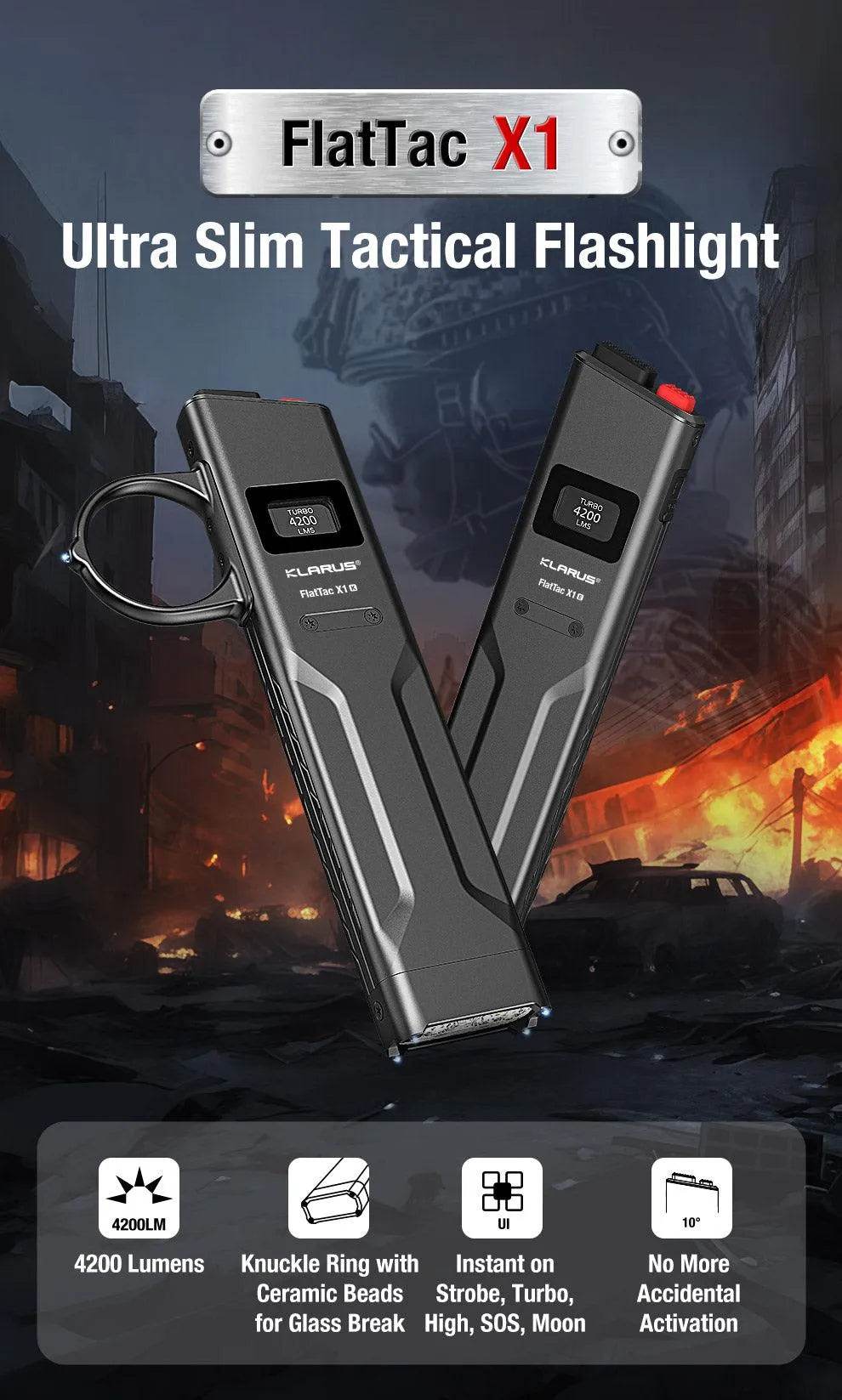 KLARUS FlatTac X1 Tactical EDC Flashlight | 4200 Lumens & Self-Defense Features Klarus EDC Flashlights.