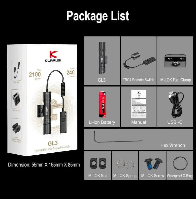 Klarus GL3 Weapon Light – 2100 Lumens, USB-C, Quick Detach Klarus Weapons-Mounted Lights.