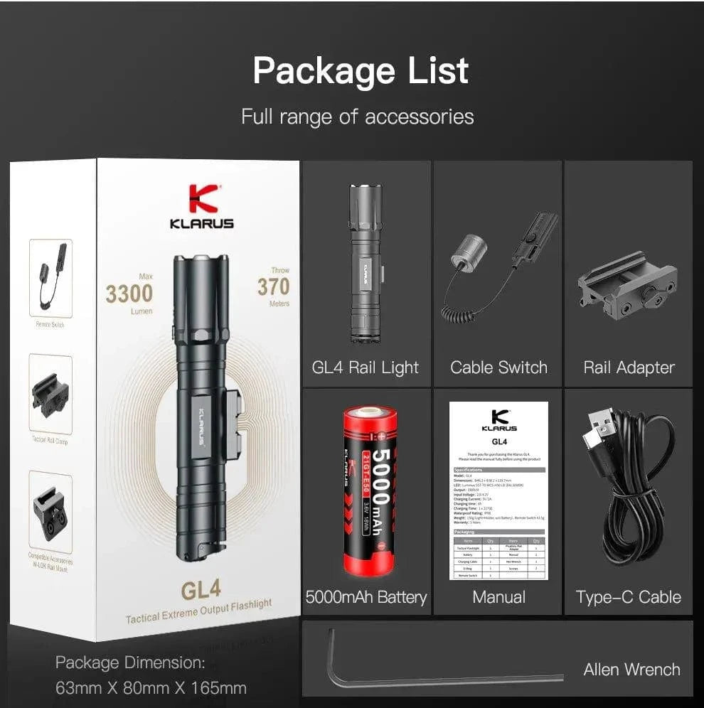 KLARUS GL4 Tactical Light – 3300 Lumens, USB-C, IPX8 Klarus Weapons-Mounted Lights.