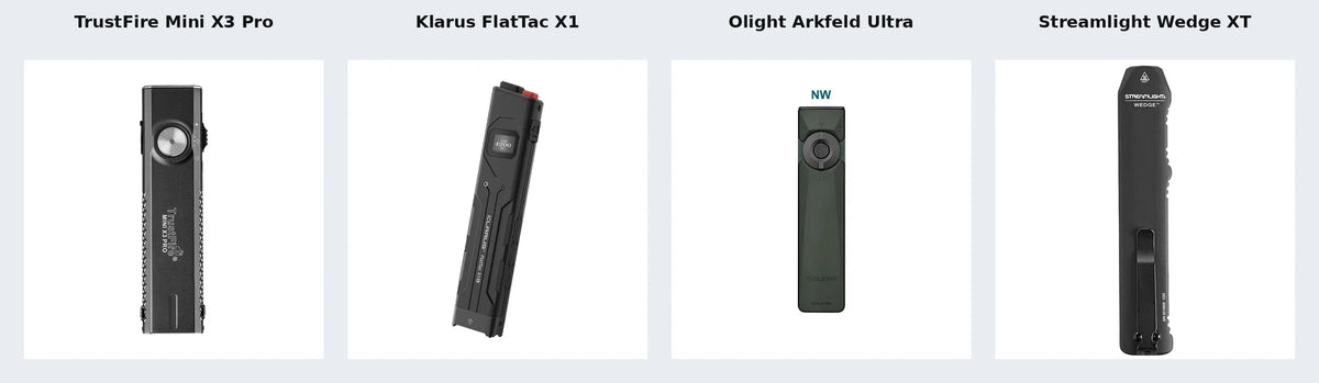 TrustFire Mini X3 Pro, Klarus FlatTac X1, Olight Arkfeld Ultra and Streamlight Wedge XT flat EDC flashlights side by side