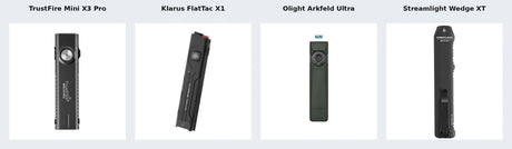 TrustFire Mini X3 Pro, Klarus FlatTac X1, Olight Arkfeld Ultra and Streamlight Wedge XT flat EDC flashlights side by side