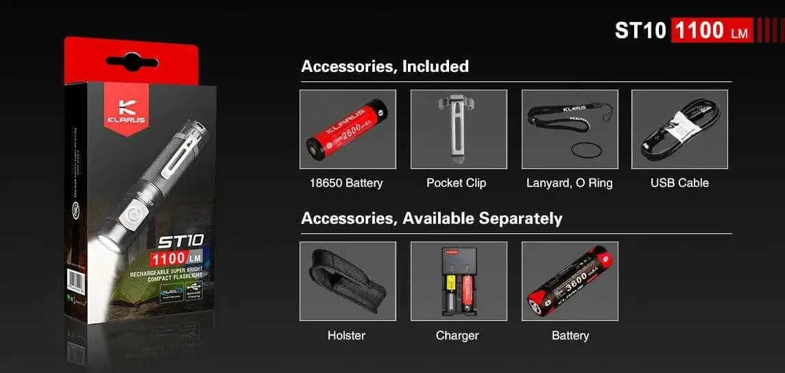 Klarus ST10 EDC Flashlight - 1100 Lumens - IPX8 Waterproof Klarus EDC Flashlights.
