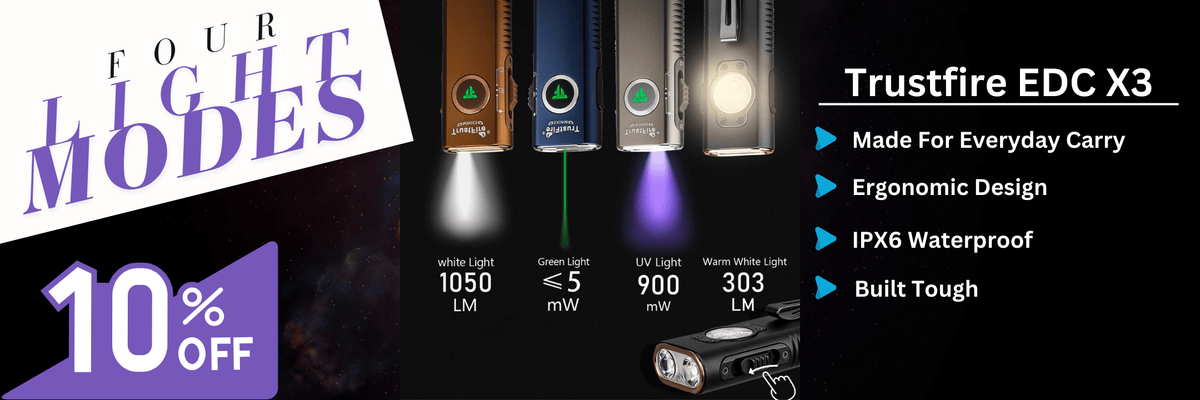 TrustFire EDC X3 flashlight with four light modes - 1050 lumen white, green laser, 900mW UV and warm white - 10% off
