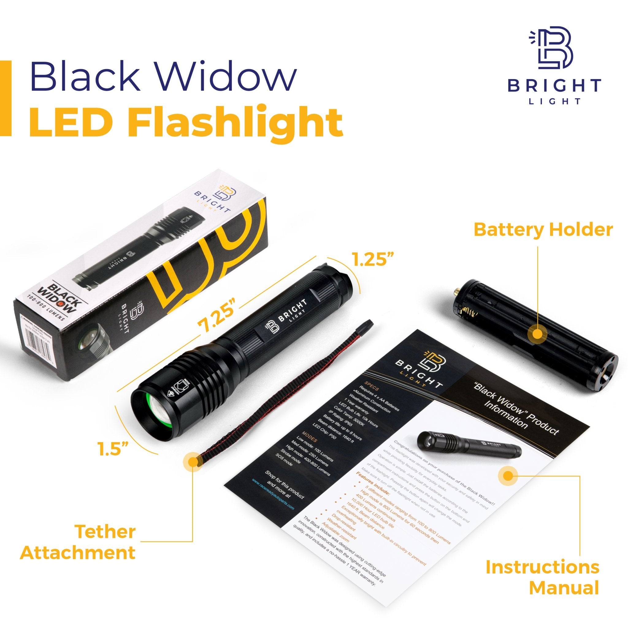 Bright Light BW1 LED Flashlight – 1200 Lumens, 6500K, IP67 - Bright Light LED