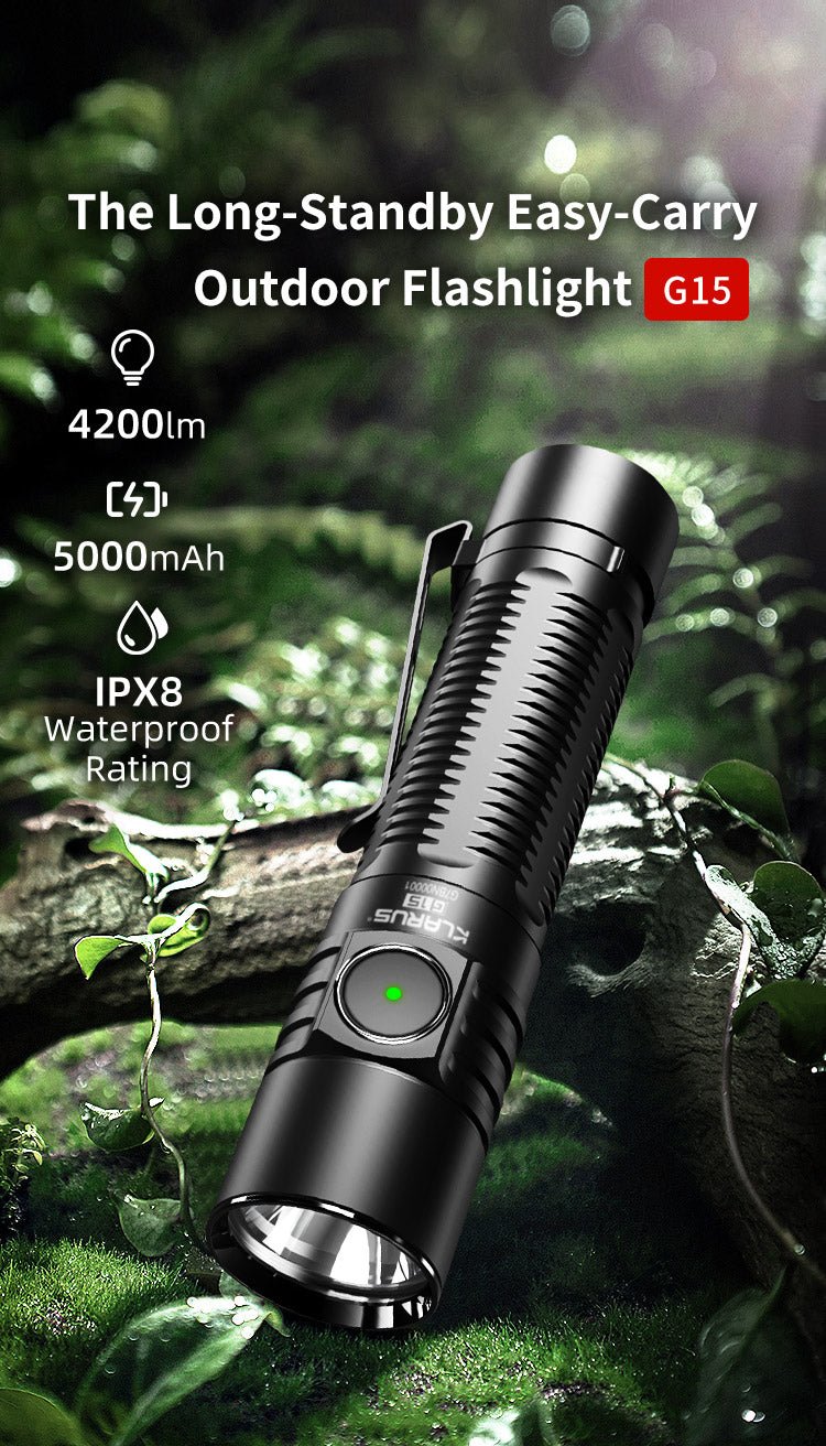 Klarus G15 Flashlight – 4200 Lumens, 200m Beam, 8 Modes, USB Rechargeable, IPX8 Waterproof, Compact Design - Bright Light LED