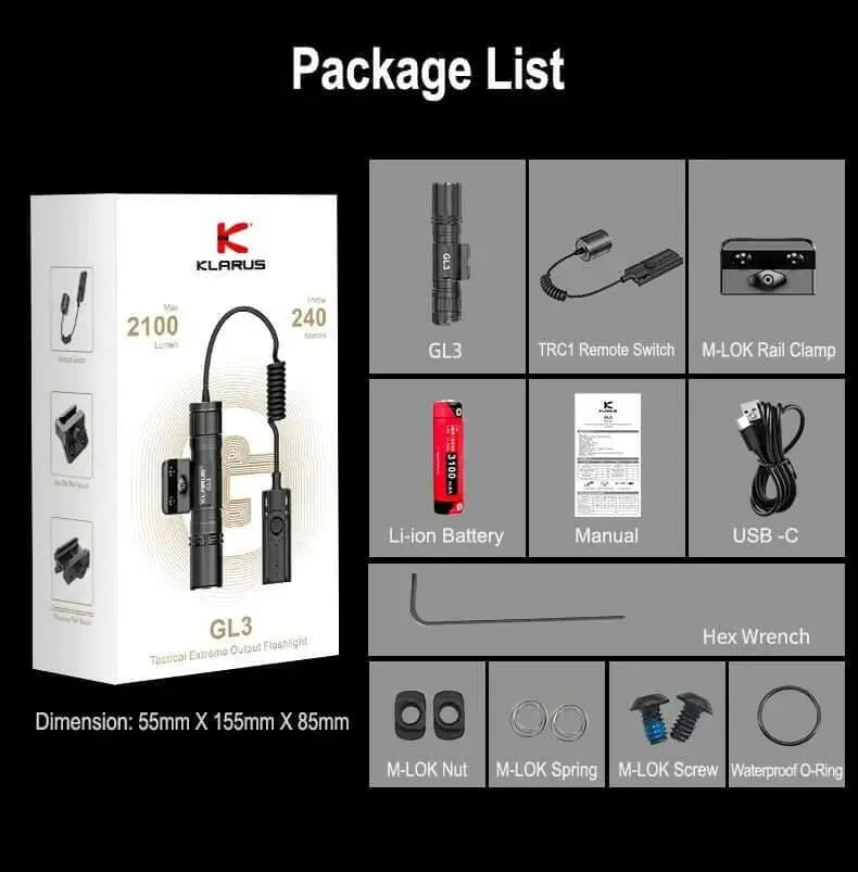 Klarus GL3 Weapon Light – 2100 Lumens, USB-C, Quick Detach Klarus Weapons-Mounted Lights.