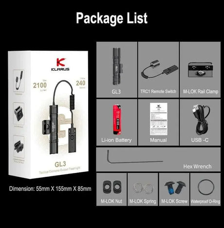 Klarus GL3 Weapon Light – 2100 Lumens, USB-C, Quick Detach Klarus Weapons-Mounted Lights.