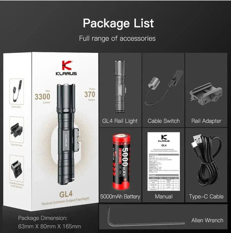KLARUS GL4 Tactical Light – 3300 Lumens, USB-C, IPX8 Klarus Weapons-Mounted Lights.