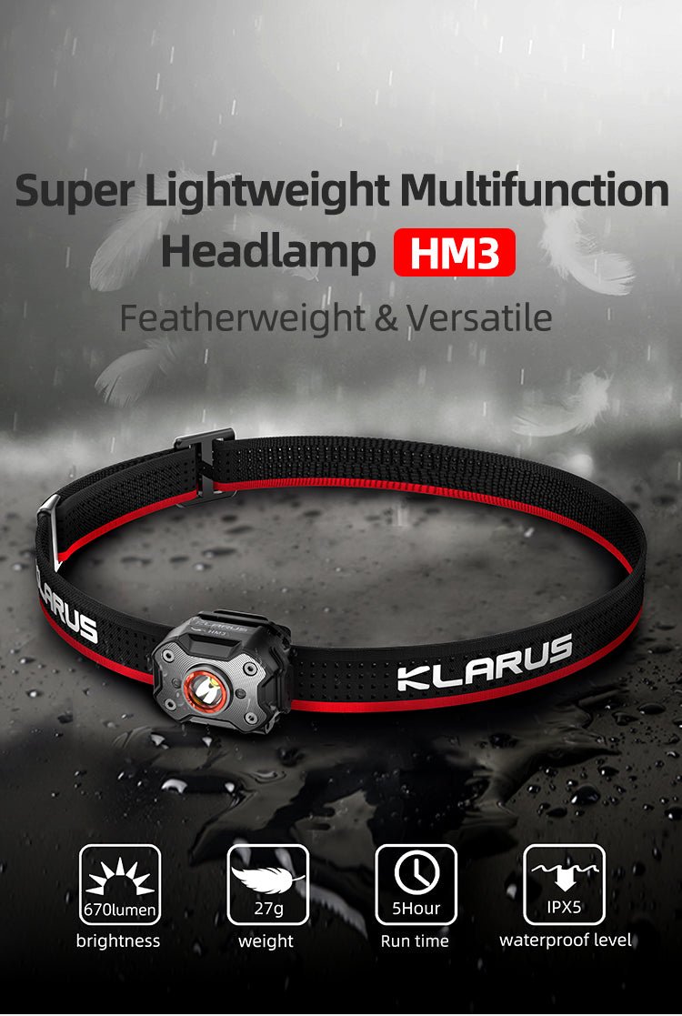 KLARUS HM3 Multifunction Headlamp – 670 Lumens, Ultra Lightweight, 4 Modes, Red Flashing, 180° Adjustable - Bright Light LED