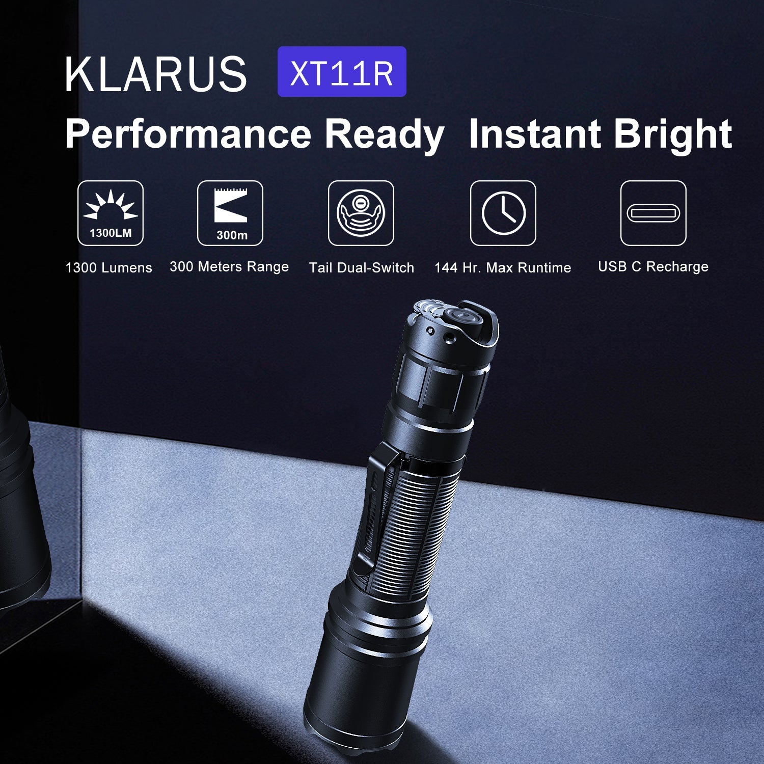 KLARUS XT11R Rechargeable EDC Flashlight – 1300 Lumens, 984 ft Beam, Dual - Switch, USB - C Charging - Bright Light LED