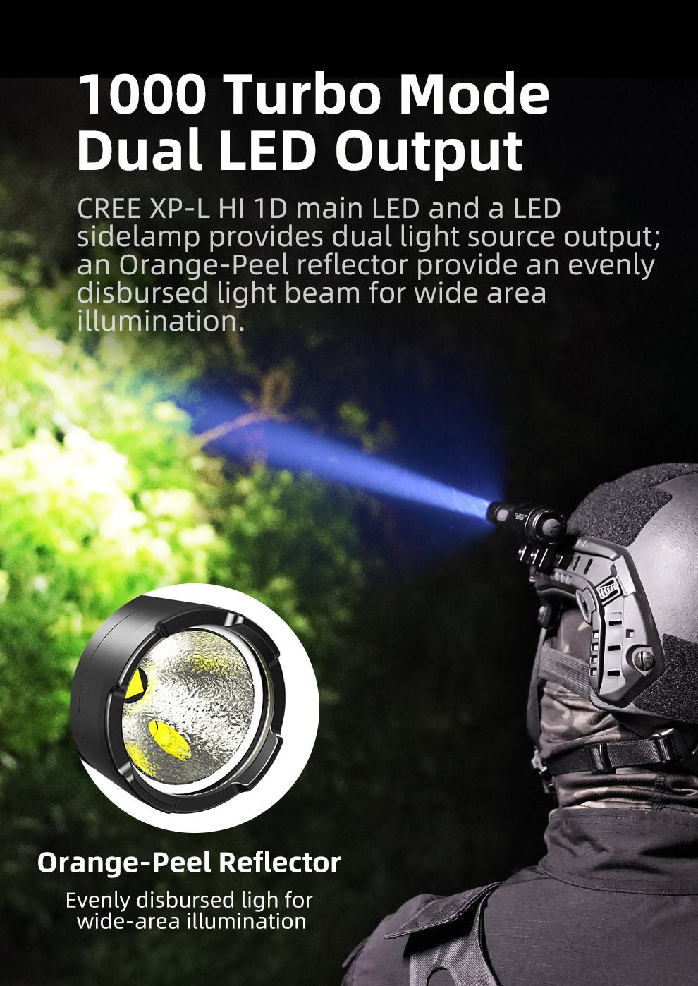 KLARUS XT1C Pro Tactical Helmet Lamp – 1000 Lumens, Dual LED Output, 9 Modes, Compact & Lightweight Design - Bright Light LED