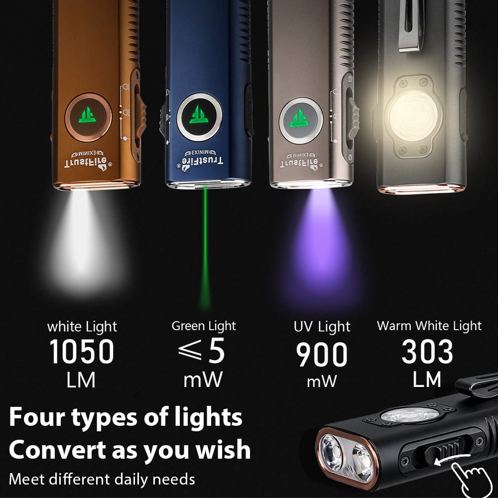 TrustFire Mini X3 Flashlight – 1050 Lumens, White Light, UV, Floodlight, Portable Pocket Light - Bright Light LED